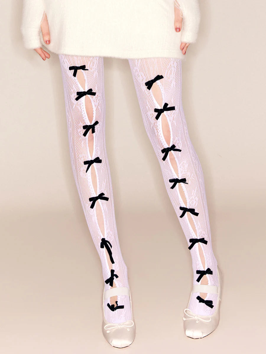 Nφ DRESS 絲絨蝴蝶結蕾絲褲襪(多色!)